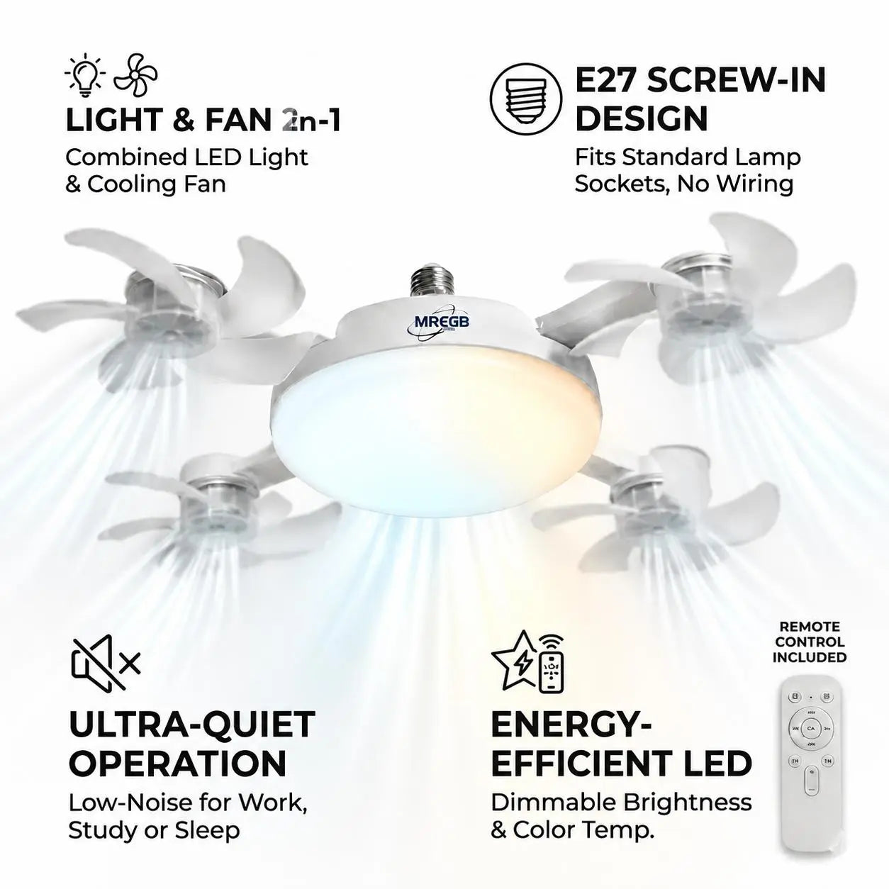 MREGB 2026 E27 Socket Ceiling Fan Light - The Ultimate 2-in-1 Silent LED Fan with Remote Control for Effortless Energy-Saving Cooling and Stylish Lighting in Your Home